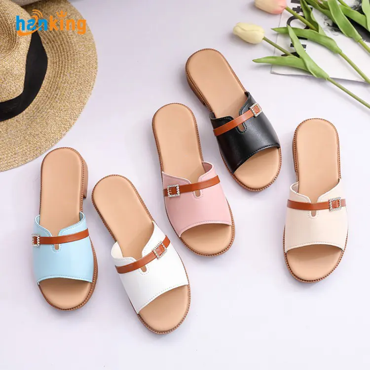 Ehanking Rhinestone Crystal Buckle Slippers Women Brand Designer Crystal Double Leather Flops Female Platform Slides Sandals