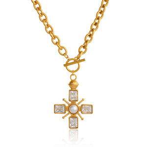 Collana con Chiusura a Croce in Acciaio Inox <span class=keywords><strong>e</strong></span> Zirconi, Gioielli Cristiani per <span class=keywords><strong>Lei</strong></span>/<span class=keywords><strong>Lui</strong></span>, Ciondolo a Croce OT Placcato Oro 18K Antiossidante - Product Image 1