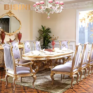 Retro Vintage Rococo Style Floral Painted Beige Oval Dining Table for 8 Persons
