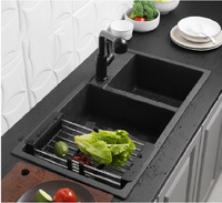 Évier de cuisine rectangulaire en pierre de quartz composite, double bac, avec égouttoir en granit, pour installation sur comptoir, idéal pour cuisine et buanderie