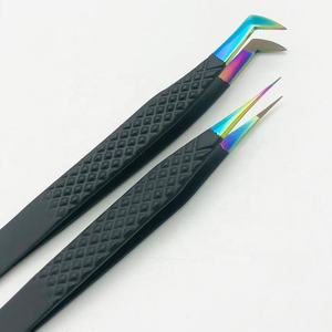 Pinzas de extensión de pestañas de acero sostenible profesional de alta calidad, punta de fibra de arco iris negro, venta al por mayor, pestañas de belleza - Product Image 1