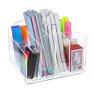 6 Compartments Rotating Clear Acrylic Desk Organizer With Handle For Office