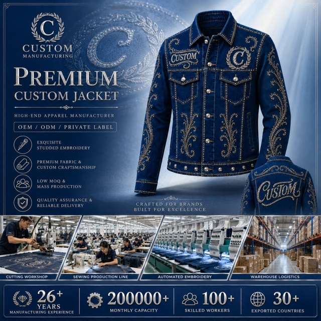 Custom Men's Denim Jacket Vintage Western Rhinestone Embroidery Motorcycle Jean Jacket Fashion Cowboy Jacket