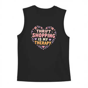 Débardeur décontracté pour femme avec imprimé cœur « Le shopping de seconde main est ma thérapie », gilet sans manches en tricot de polyester et élasthanne, col rond D - Product Image 1