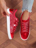 Sneakers tendance à paillettes rouges pour femmes, chaussures décontractées scintillantes pour les soirées, logo personnalisé, écologiques et confortables