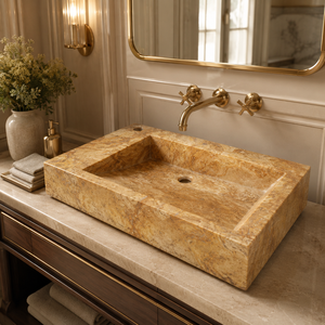 Poulars En gros Lavabo mural de luxe en pierre naturelle et travertin doré, fait main, avec piédestal en pierre - Product Image 6