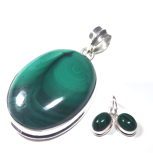 Green Malachite 925 Sterling Silver Indian Handmade Jewelry Set Oval Pendant <b>Earrings</b> Natural Gemstone Bohemian Women's Gift - Product Image 1