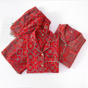 Nuovo Set <span class=keywords><strong>Pigiama</strong></span> da <span class=keywords><strong>Donna</strong></span> Homewear in Pura Garza di <span class=keywords><strong>Cotone</strong></span> a Doppio Strato Rosso Intenso con Pantaloni e Maglia a Maniche Lunghe - Product Image 2