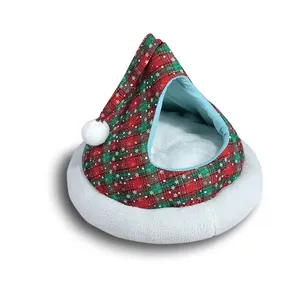 圣诞猫洞宠物床配件柔软毛绒猫屋四季通用红色格子保暖洞穴猫床靠垫