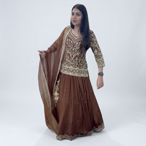 Salwar Kameez en Faux Georgette Marron Brodé pour Femme, avec Dupatta Traditionnel, pour Mariage Punjabi, Diwali, Cérémonie de Remise des Diplômes, Fête, Tenue Ethnique Décontractée - Product Image 3