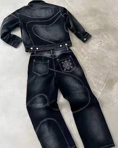 أطقم جاكيتات جينز دينم مطرزة ومغسولة مخصصة الأكثر مبيعًا، ملابس ستريت وير فضفاضة، طقم بنطلون دينم عالي الجودة للرجال - Product Image 4