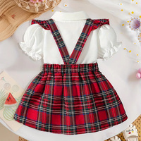 Vêtements pour enfants en gros, ensemble deux pièces pour bébé fille, printemps, polyester et coton, jupe à manches bouffantes, nœud, motif à carreaux