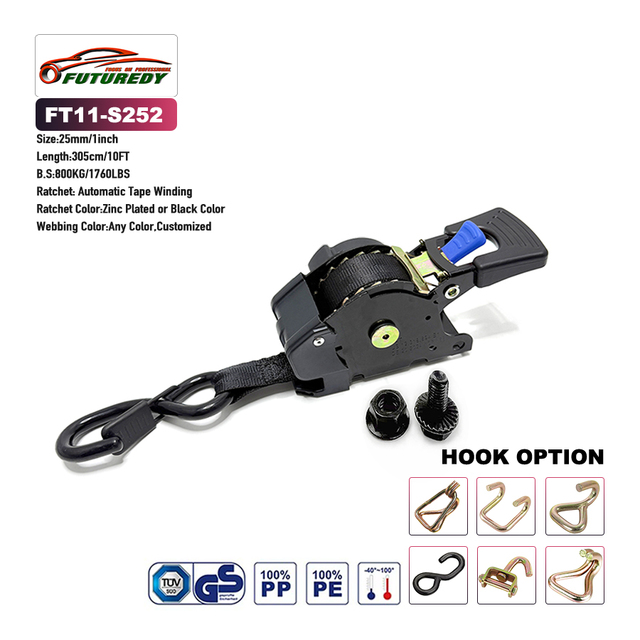 New 1" X 10FT(304 SS Coil Spring) Self Winding Automatic Retractable Ratchet Tie Down Strap 1650lbs Polyester Cargo Strap