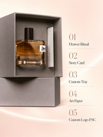 Kotak Parfum Custom dengan Kemasan Cerita, Kertas Seni Bertekstur, Tulisan Tangan, Kartu Vellum, Tray Custom, OEM