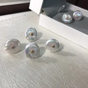 Earring stud Coin Shape Freshwater Pearl Natural White Color Coin Shape Pearl Jewelry Earring