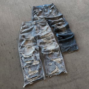 Jeans en denim pour hommes, vente en gros, personnalisés, effet usé, taille haute, qualité supérieure, coupe oversize à jambe large - Product Image 1
