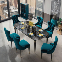 Ensemble de table à manger de luxe italienne, design moderne, grande table en métal avec 6 chaises en cuir tissu pour la cuisine et les meubles de restaurant