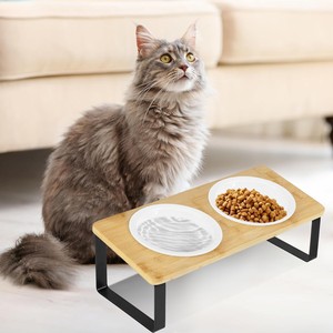 Support surélevé pour gamelles de chat avec deux bols, couleur bois naturel - Product Image 1