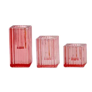 Clear Ribbed Square Shape Glass Perfect Taper Candle Holders for Weddings And Home Decoration