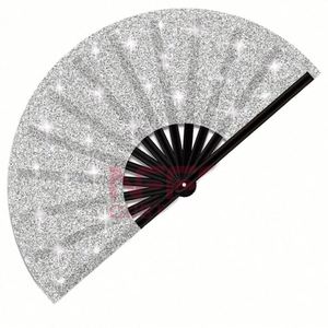 Éventail Pliant en Bambou Écologique 33 cm, Motif Artisanal Musical, Finition Pailletée Argent et Noir, avec Étui en Tissu Peint – Grande Vente - Product Image 1