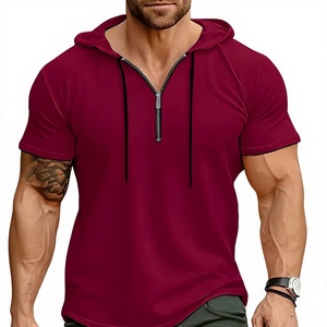 Men's Hooded Henley T-Shirt Short Sleeve Solid Color Regular Fit Casual Knitted Pullover 100% Cotton 200g Back Neck Logo Maroon - Product Image 1