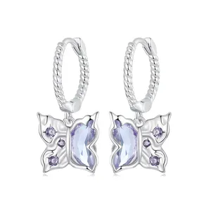 Purple Fantasy Butterfly Earrings for Women Sweet Fairy Style S925 Sterling Silver Opposite Sex Butterfly Earrings