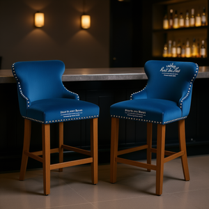 Contemporary Wing Back <b>Barstools</b> Blue <b>Velvet</b> Upholstered Wooden Legs Chrome Nailhead Trim Set Of 2 - Product Image 2