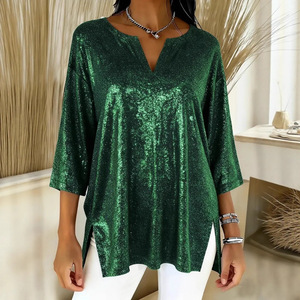 Camiseta Brillante con Cuello en V para Mujer, Camiseta Metálica Brillante para Fiesta, Lista para Enviar - Product Image 2