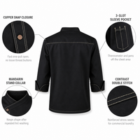 Veste de chef pour la restauration hôtelière, uniforme de chef en sergé poly, logo brodé personnalisé, surpiqûres contrastées, veste de chef lavable à usage commercial