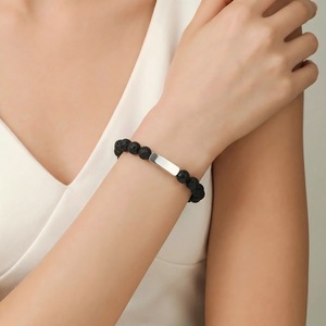 Bracelet en pierres naturelles, pierre volcanique, charme rectangulaire en acier inoxydable, bijoux unisexe, accessoire cadeau - Product Image 3