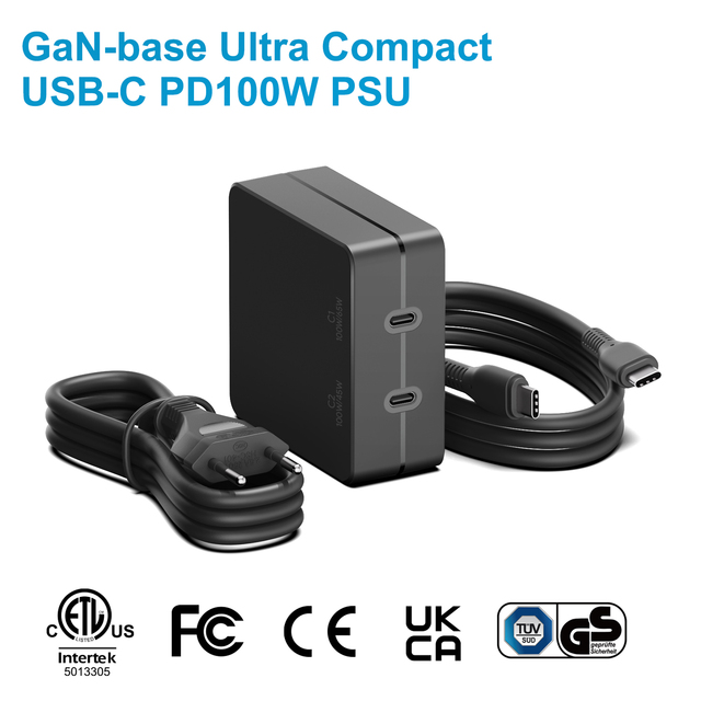GaN 100W 20V5A Square PD Dual USB-C Charger for Laptop AI Devices Industrial Equipment DJI Drones Fast Charging Docking Station