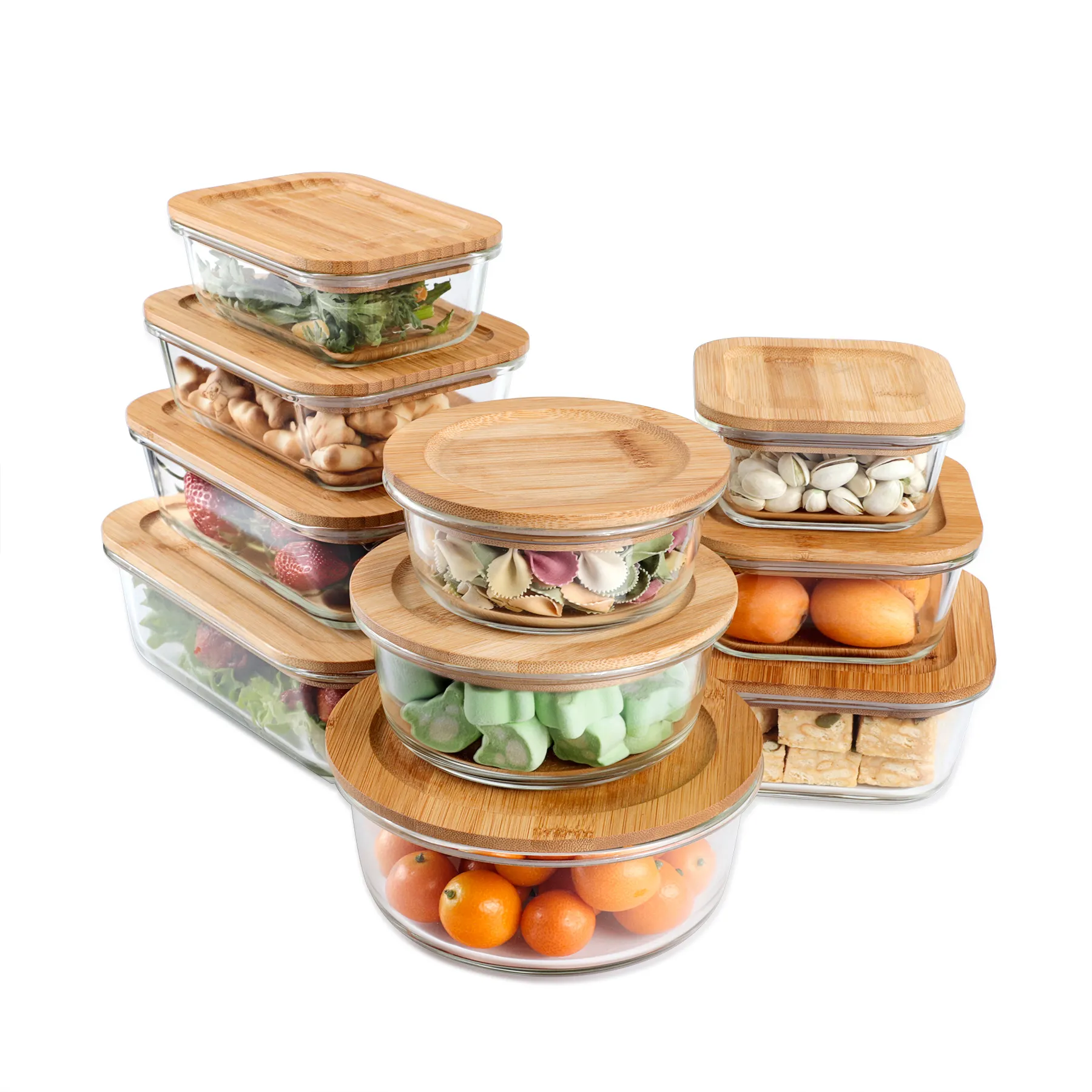 Boîte et bacs de conservation des aliments en verre rectangle rond forme carrée couvercle plat en bois de bambou récipient en verre pour le déjeuner