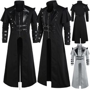Costume d'assassin médiéval steampunk vintage pour Halloween, veste longue fendue noire pour homme adulte, armure gothique, manteaux en cuir - Product Image 1