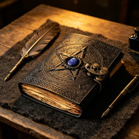 Carnet en cuir celtique vintage personnalisé, 100 feuilles, bords festonnés, reliure cousue, véritable journal noir avec pentagramme et pierre lapis-lazuli