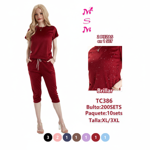 Tc386 Tuta da Donna con Maniche Corte, Collo Tondo, Stampa Glitterata, Tinta Unita, Vestibilità Ampia, Pantaloni a Tre Quarti con Tasche Laterali - Product Image 1