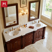 Meuble-lavabo double vasque HappyHouses American Classic en bois massif, armoire sculptée, plinthe solide, plateau en marbre pour salle de bain de villa