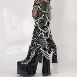 Botas Altas de Mujer con Plataforma Gruesa y Tacón Ancho, de Charol, con Cadenas Metálicas, Punta Redonda, Tallas Grandes hasta la 47 - Product Image 6
