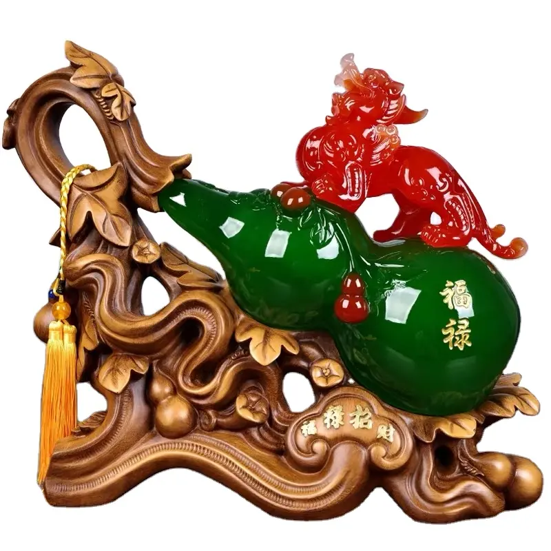 Chinesische traditionelle Fengshui Poly Resin Home Decoration Grüne Jade Finish Wulu Kürbis Skulptur