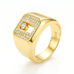 Men's 925 Silver Moissanite <b>Cocktail</b> <b>Ring</b> Round Brilliant Cut Pave Setting 22K <b>Gold</b> Plated Geometric Hiphop Style - Product Image 1