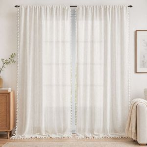 COSENNATUR Rideau en gaze de polyester avec passe-tringle et franges à pompons, motif à pois texturés, filtrant la lumière, vente en gros - Product Image 1