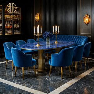 Table ronde carrée de luxe en pierre frittée, canapé banquette en velours bleu foncé, mobilier personnalisé pour hôtels et restaurants - Product Image 5