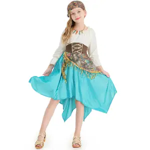 Индивидуальный дизайн, голубая цыганская одежда для девочек, танцевальное платье фламенко с ремешками с аксессуарами, цыганские костюмы для Хэллоуина для детей