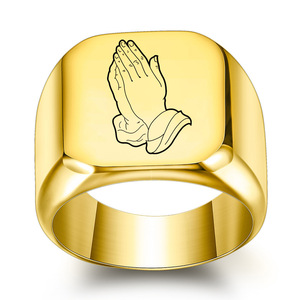 Anillo Europeo Americano Personalizado con Grabado Láser de Manos en Oración, Anillo de Titanio para Mujer, Joyería de Regalo Cuadrangular - Product Image 1