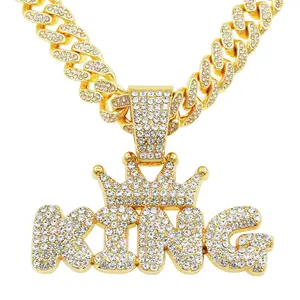 Hombres Mujeres Hip Hop Bling Letter KING QUEEN Colgante Collar 13mm Miami Cuban Link Chain Collares Iced Out Charm Joyería de moda