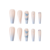 Faux ongles à presser en gros, couvrance totale, avec colle, motif papillon pré-dessiné, en acrylique, formes cercueil, amande, carré, longueur courte pour doigts