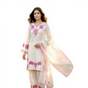Elegant White Silk Salwar Kameez With Blue Dupatta Embroidered Ankle-Length Women's <b>Wedding</b> Wear India Pakistan Regular Fit - Product Image 1