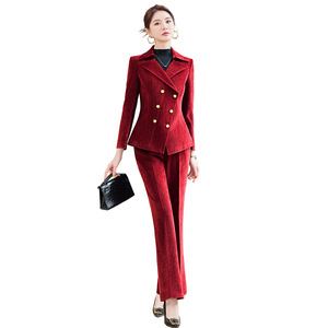 Women's <b>Red</b> Velvet Suit Set 2025 Double Breasted Warm Workwear Commute Outfit - Product Image 5
