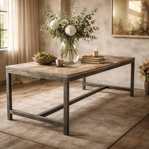 โต๊ะอาหารสไตล์อินดัสเทรียลคลาสสิก ทำด้วยมือจากไม้เก่าธรรมชาติ ดีไซน์โลหะ เหมาะสำหรับใช้ในบ้าน ห้องครัว โรงแรม และบ้านไร่ - Product Image 1