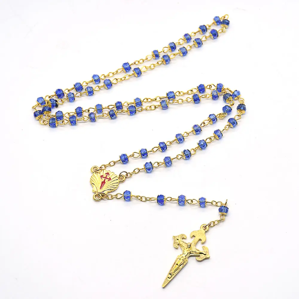 Blue Gold Color Crystal Rosary Cross Pendant Necklace Fatima Santiago Christian Catholic Religious Jewelry Accessories Gifts