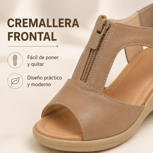 Sandali con Zeppa da Donna, Punta Aperta, in Pelle PU, Chiusura con Cerniera, Antiscivolo, Scarpe Estive con Suola in Gomma, Beige - Product Image 5